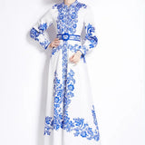 Retro Elegant Print Dress Women's Spring New French Court Style Waist Single Buckle Long