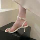 Zingj Heel Sandal 2024 Summer Fairy Wind Square Heels Pearl Chain Word Buckle Sandal