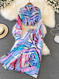 Women Printed Chiffon Two Piece Set Female Turn-Down Collar Single Breasted Blouse + High Waist Pleated Skirt Suit