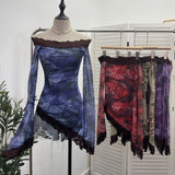 Leopard Print Lace Spliced Double-Layer Mesh Shoulder Irregular Loudspeaker Top