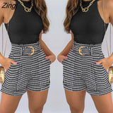 Summer Holiday Two Piece Suits Sexy O Neck Plain Tank Top & Houndstooth Print Shorts Set Fashion Streetwear Overalls