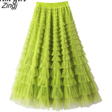 Tulle Long Skirts Womens Spring Summer Korean Style Solid High Waist A-Line Tutu Skirt Female Mesh Pleated Maxi