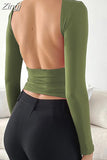 Sexy Women Backless Long Sleeve Causal T-shirts Irregular Hem Solid O-neck Slim Fit Tees Shirts Party Streetwear