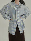 Literary And Artistic Girl The Atmosphere Feels The Bow Loose And Thin And Thin With Comfortable And Gentle Striped Shirt Top