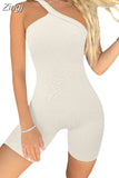 Women Sports Rompers Ribbed Biker Shorts Solid Color Irregular Strap Jumpsuits Workout Fitness Bodycon Playsuits