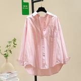2025 Spring And Autumn New Korean Version Of Small Fresh Cardigan Striped Single Pocket Loose Lanky Long Sleeve Shirt