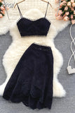 Bohemian Hollow Out 2pcs Set Women Sexy V-Neck Spaghetti Strap Short Tops + High Waist Ruffle Mini Skirt Female Suit