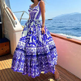 Women's New Printing Square Neck Tie Sling Skirt Folds Body Dress Dress