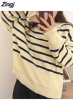 Winter Women's Sweater 2023 Trend Warm Knitted Striped Sweater V Neck Jumper with Collar Oversize Polo Sweater for
