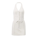 Zingj Women's Summer 2023 New Sexy Little West Fake Pocket Hanging Neck Vest Fashion A-Line Skirt Suit