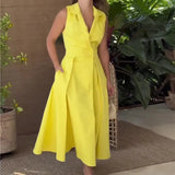 Zingj 2024 New V-Neck Sleeveless Solid Color Lapel Pleated Long Temperament Dress Female-Outfit