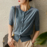 Knitted Jersey Women's Early Spring Round Collar Collar In The Middle Sleeve Ice Silk Thin Model Hit The Bottom Of The Coat Female