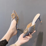Women Wear Half-Slippers Women 2025 New French Water Drill High Heels Thin Heel Head Cool Drag