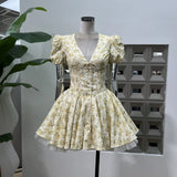 Gentle Photo Photo Small Beautiful Bow Garden Print V Collar Bubble Short Sleeves To Pick Up The Waist Fluffy Dress