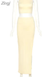 Fashion Elegant Solid Color 2 Two Pieces Set Crop Top + Sexy High Waist Side Slit Long Skirt Casual Street Style