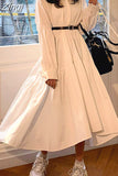Women Dress Long Sleeve Spring Autumn Vintage Designer Collar Lapel Button Up Ruched Ruffles Cotton White Dresses Female