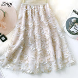 Embroidery Tulle Skirt Women Elegant Design A-Line High Waist Long Pleated Skirt Female Sweet Butterfly Mesh Tutu