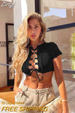 Women Short Sleeve Tops Summer Casual Solid Color Bandage Cutout Crop Basic T-shirts for Party Y2K