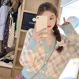 Women Argyle Sweet Girl Spring Autumn Outerwear Korean Fresh Single Breasted Loose Sweater Lovely Colorful Lazy