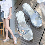 Women's Korean Version Of Fashion Casual High-Heeled Shoes With Transparent Flowers Water Drilled Outside Wearing A Word