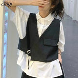 Women Solid Loose All-match Students Korean Style Spring Harajuku Female Fashionable Mujer Sleeveless Retro V-neck
