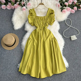 Zingj Vacation Wind French Retro Square Collar Waist Dress Female Summer Design Sense Bubble Short Sleeve Fairy