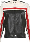 Streetwear Chic Autumn Winter PU Leather Jacket Women Zipper Coat Black White Patchwork Motorcycle Jacket Y2K
