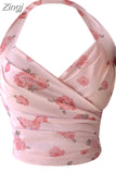 Women's Summer Cropped Tops Sexy Y2k Casual Chic Vintage Camisole Halter Neck Print Tank Top Vest Korean Clothes