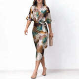 2025 Women's Dress New Temperament Fashion Print V Tie Tie To Straighten