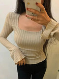 Square Neck Flare Sleeve Slim Knit- Outfit