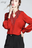 V Neck Shirts Long Sleeve Embroidery Blouse Women Hollow Out Tops Spring 2023 Office Lady Solid Loose Clothes New