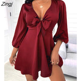 Women's Mini Satin Puff Sleeve Plunge Tie Front Dress Solid Bow Summer Spring Party Casual Chic Sexy V Neck