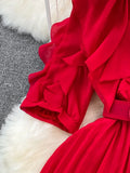 Vintage Women Irregular Pleated Dress Elegant V-Neck Ruffle Short Puff Sleeve High Waist Draped Midi Robe With Belt