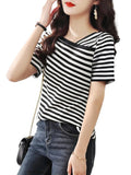Thin Style 2025 New Retro-Collending V-Neck Striped Knitted Shirt Short-Sleeved T-Shirt Top For Women's