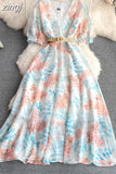 Women Printed Chiffon Dress Elegant V-Neck Short Puff Sleeve High Waist A-Line Vintage Vestidos With Sashes New