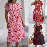Day Gift Spring And Summer Casual Love Short Sleeves To Close The Waist 100-Fold Dress Women's