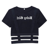 Zingj Sexy Slim Short Sleeve Letter Print T-Shirt Irregular Hollow Out Crop Bottom
