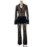 Zingj Sexy Lace Stitching Deep V Long Sleeve Top Slim See-Through High Waist Bell Bottoms Women's