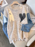 Zingj Women Sweater Patchwork Denim Long Sleeve O-Neck Loose Heart Chic Pullovers Simple Knitted Autumn Winter 2023 New Knit Jumpers 211-0-Outfit
