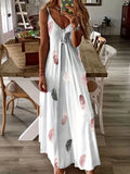Zingj And Summer New Sleeveless Slim Feather Print Low Breast V Collar Sling Large Hem Skirt Women's Dress-Outfit