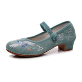 Zingj Heel Thick Heel Single Shoes Embroidered Cloth Shoes Fairy Crane Embroidery Ancient Style Dance Shoes Women's