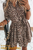 Women Spring Autumn Leopard Shirt Dress Long Sleeve Turn-down Collar Sashes Mini Dress Single Button OL Lady Sexy