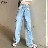 Women Hole Asymmetrical Denim Cool Girls Fashion Ulzzang Chic High Waist Washed Pocket Vintage Stylish All-match