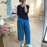 Leg Jeans Women Blue Summer Loose Ankle-length High Waist Washed Students Casual All-match Pockets Trousers Bottoms