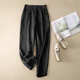 Summer Breathable Pants Large Size Loose Harem Ankle-Length Pants Cotton Linen Casual Pocket Black Elastic High Waist
