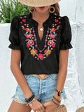 Flower Embroidered Lotus Leaf-Side Shirt Women V-Necked Coated
