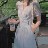 Fairy Midi Dress Women French Princess V-neck Korean Party Dress Female Summer One-piece Dress 2021 Office Lady