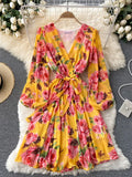 Women Floral Draped Mini Dress Bohemian Female V-Neck Puff Long Sleeve High Waist Bandage Pleated Vestido Female Robe