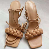 Large-Size Sexy High-Heeled Sandals Women's Word Weaving Crystal Heel Ring Strap Fashion