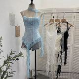 Lace Splicing Irregular Lotus Leaf Edge Ribbon Sling Vest Round Neck Sexy Sleeveless Top